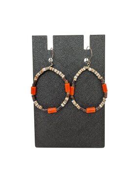 Vintage Heishi Spiny Oyster Hoop Earrings Orange & Brown Sterling Hooks 1.5"